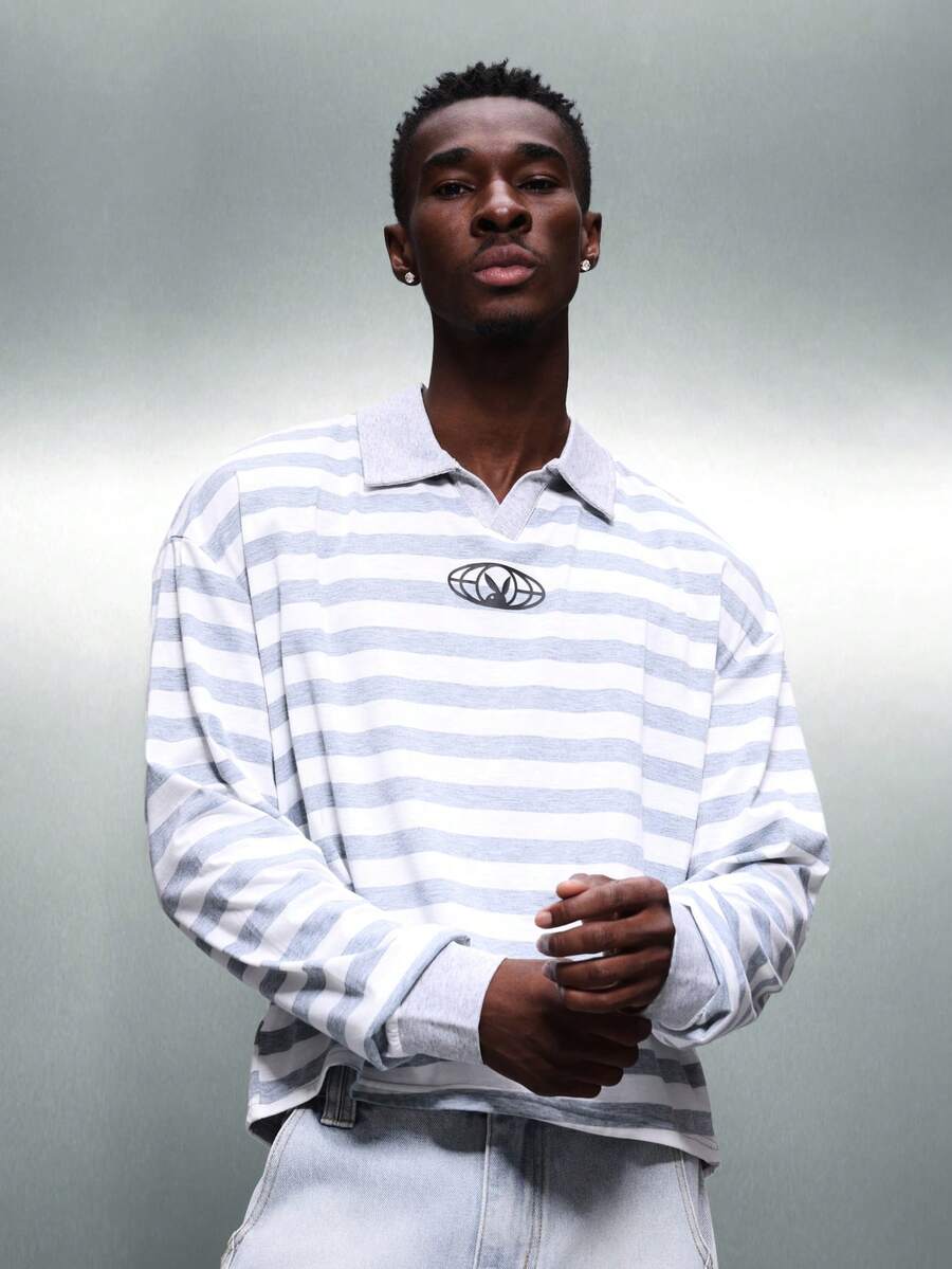 PLAYBOY X SUMWON Regular Fit gestreiftes Poloshirt mit Langarm und strukturiertem Sportskragen für lässiges Wochenendoutfit - Grau - Übersicht 1
