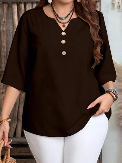 EMERY ROSE Camisa casual versátil de unicolor talla grande, adecuada para otoño y verano