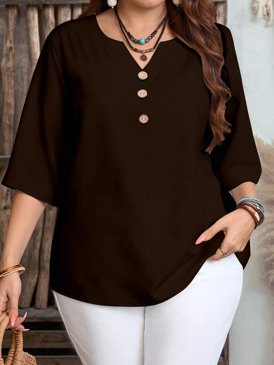 EMERY ROSE Áo sơ mi trơn màu cỡ lớn, đa năng, phù hợp cho mùa thu và mùa hè - Màu nâu Sô-cô-la - Xem 1