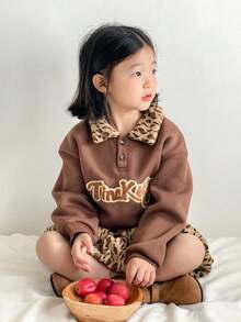 SHEIN 2pcs/Set Young Girls Vintage Letter Applique Sweatshirt And Leopard Print Mini Skirt,Back-To-School School Winter Outfit,Cute & Fashionable Outfit - Multicolor - View 3