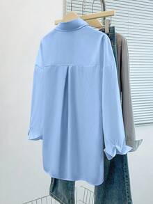 INAWLY Áo sơ mi nữ tay dài trễ vai màu trơn, đơn hàng khuy, thường ngày/công sở - Màu xanh nhạt - Xem 2