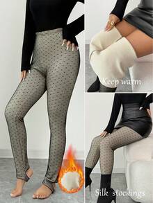 Chiquease Leggings thermiques moulants à pois noirs brodés, pouvant être portés comme vêtement extérieur. Idéal pour l'hiver, Noël, Nouvel An, Thanksgiving, la plage et les fêtes. - Noir - Voir 1