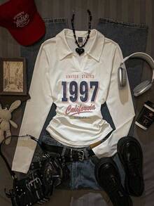 Attitoon 女士休闲复古1997英文字母时尚印花图案Polo领长袖T恤，适合外出、街头风、机场休闲等场合，时尚图案 - 白色 - 查看 9