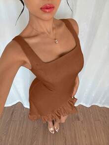 Rafferiza Women's Square Neck Ruffle Hem Asymmetric Dress - Brown - View 3