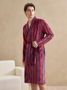 EverLounge Old Money Double-Sided Flannel Striped Print Cozy Robe With Waist Tie, Long Sleeve Men Sleepwear Winter, Fluffy - Multicolor - View 3