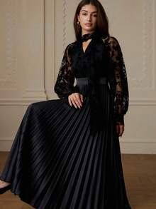 BELROSIE Autumn English Style Mesh Flocked Hem Thickened Pleated Long Sleeve Dress - Black - View 2