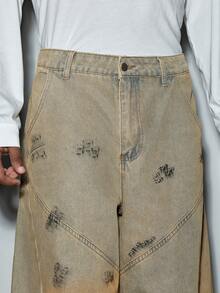 Modcrash 1 pièce Jeans évasés à patchwork vintage de style américain délavé (le produit n'inclut pas la ceinture et les accessoires). Tenue d'été décontractée de style rétro américain, unisexe, coupe ample. Convient pour le port quotidien et les tenues d'été. - Jaune citron - Voir 7