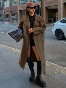 DAZY 女士纯色翻领长袖宽松休闲外套，秋冬款 - 咖啡棕 - 查看 4