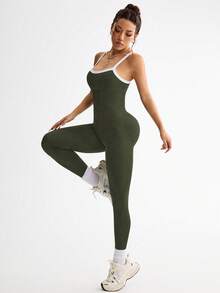 SHEIN Sports Women's Contrast Color Camisole Jumpsuit/Seamless/Waist Cinching/Adjustable - Dark Green - View 2