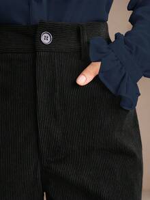 Anewsta 女士黑色灯芯绒裤，铆钉口袋设计，优雅商务休闲喇叭裤，适合秋冬季穿着