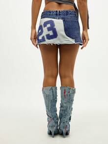 SUMWON WOMEN Patchwork Denim Mini Skirt With Number Print Details Frayed Hem Festival Casual Bottoms - Navy Blue - View 2