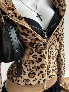 Elamini 1件棕色休闲可爱撞色法兰绒保暖内衬印花豹纹抽绳连帽柔软卫衣外套，女款，返校季，家居服 - 彩色 - 查看 8