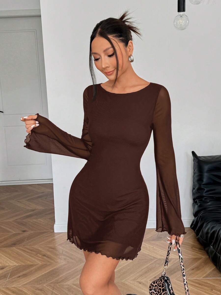 SHEIN EZwear 女士新款网纱腰部喇叭袖连衣裙 - 棕色 - 查看 1