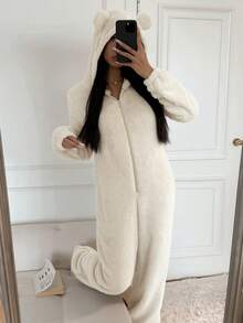 SHEIN EZwear 女士新款纯色长袖拉链连帽毛绒连体衣 - 米色 - 查看 4