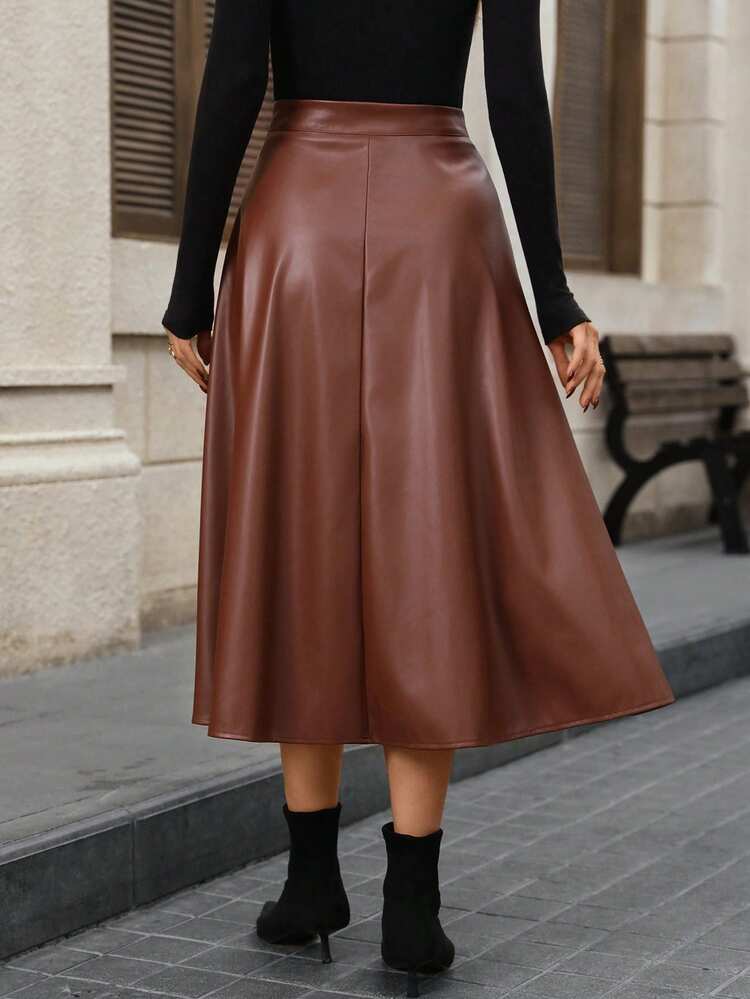 Suede Ruffle Hem Large Swing Fall Skirts Peplum Women's Skirt  Brown Skirt