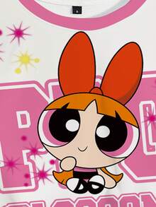 THE POWERPUFF GIRLS X SHEIN 女士休闲可爱花朵图案圆领短袖T恤，夏季 - 白色 - 查看 3