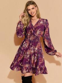 Amorya 女士优雅褶皱收腰印花长袖短款连衣裙，修身剪裁，适合日常穿着及多种场合，秋季款