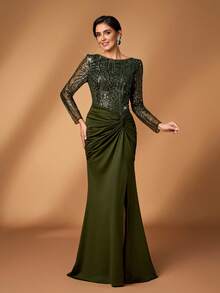 Serin Elegant Luxurious Beaded & Sequin Floral Embroidered Sheer Sleeve Twist Knot Fishtail Dress, Suitable For Weddings, Events, Bachelorette Parties, Vacations, Galas, Bridal & Mother Of The Bride Gowns - Army Green - View 5