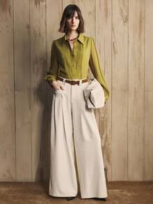 SHEIN LUNE Women's Fabric Straight H-Shaped Shirt, Long Sleeve Daily Commuting Shirt Fall,Olive Green,Autumn,Elegant,Office - Green - View 5