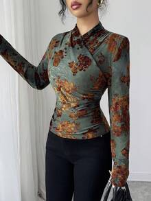 SHEIN PETITE Women's Elegant Tie-Dye Flocked Floral Print T-Shirt, Fitted Irregular Turtleneck Long Sleeve Tee, Women's Christmas & Halloween Party Top, Moss Green - Army Green - View 6