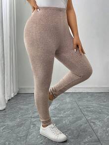SHEIN LUNE Plus Size Solid Color High Waist Slim Fit Casual Ribbed Leggings Elegant Graduation Christmas New Year Winte/Winter - Apricot - View 9