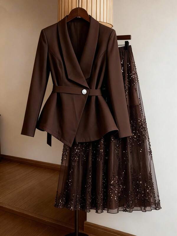 Regalyn Conjunto de traje y falda de lentejuelas plisadas para mujer de talla grande (2 piezas), ideal para fiestas y banquetes.