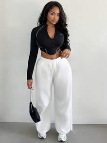 Alexandranx Damen Frühling und Sommer für Vintage Streetwear Cargo Athleisure Streetwear weiße Kordelzug Sportswear Schlupfhose mit weitem Bein