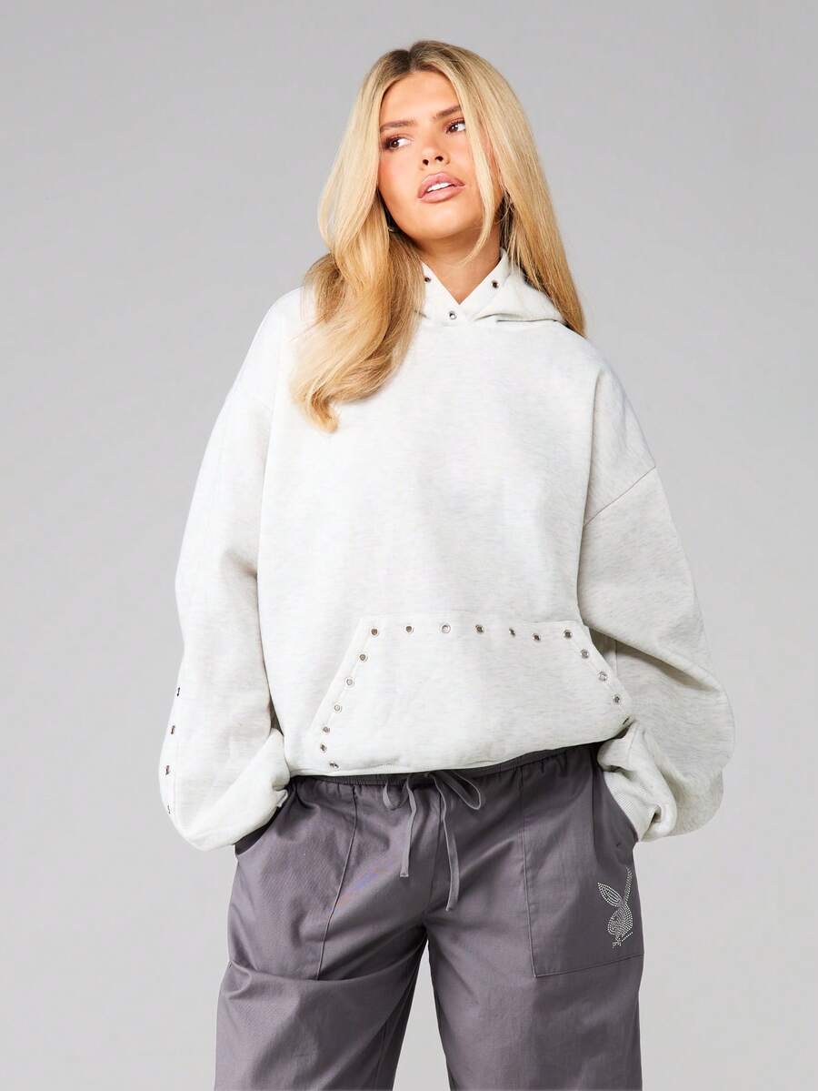 MISSGUIDED Women's Eyelet Detail Pullover Hoodie With Drawstring And Front Pocket For Casual Everyday Wear - Light Grey - View 1