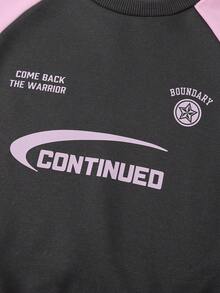 SHEIN Explorewe 女童时尚运动撞色印花长袖卫衣套装，带工装口袋和长裤，适合休闲、户外、运动、上学等场合。 - 彩色 - 查看 6