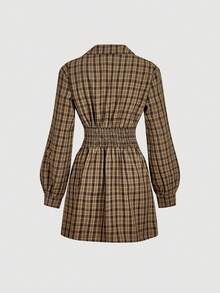 SHEIN MOD 女士交叉裹身灯笼袖褶皱格子时尚迷你连衣裙 - 棕色 - 查看 2