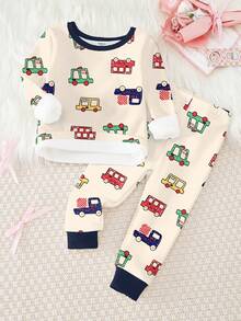 2件套男婴卡通汽车印花针织加厚保暖长袖上衣和裤子睡衣套装，秋冬款 - 杏色 - 查看 4