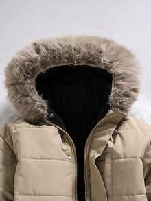 Teen Boy 1pc Black Thermal-Lined Hooded Parka With Fur Collar For Teenage Boys, Fashionable Loose Fit Padded Coat Suitable For Autumn/Winter, Outdoor, Travel, School And Various Occasions