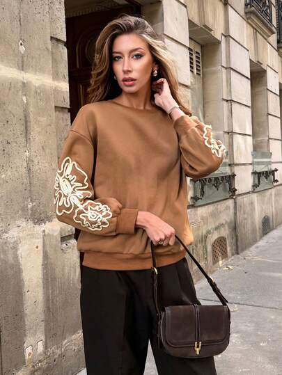 SHEIN PariChic Women's Loose Floral Pattern Sweatshirt Brown Sweater Brown Long Sleeve Top Brown Blouses Brown Lace Top