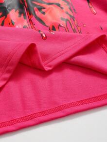 SHEIN Tween Girl Butterfly Print Patchwork Fishnet Drop Shoulder Casual Sweatshirt - Rose Red - View 7