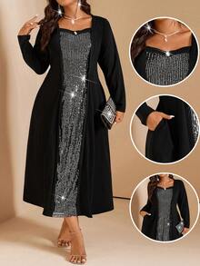 Comfylo 大码亮片拼接中长连衣裙 - 黑色 - 查看 10