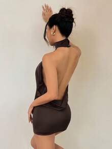 SHEIN PETITE High Neck Halter Backless Mini Dress,Party Dresses For Women - Brown - View 4