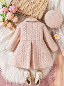 SHEIN 女婴时尚纹理面料蝴蝶结装饰设计外套，配贝雷帽，适合日常通勤和休闲穿着 - 卡其色 - 查看 2