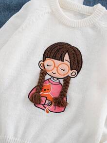 Girls' White,Autumn,Cute,Holiday,Back-To-School Sweater,Cartoon Kitten Pattern Jacquard 3D Braid Decor Funny Knitwear For School And Outings - White - View 4