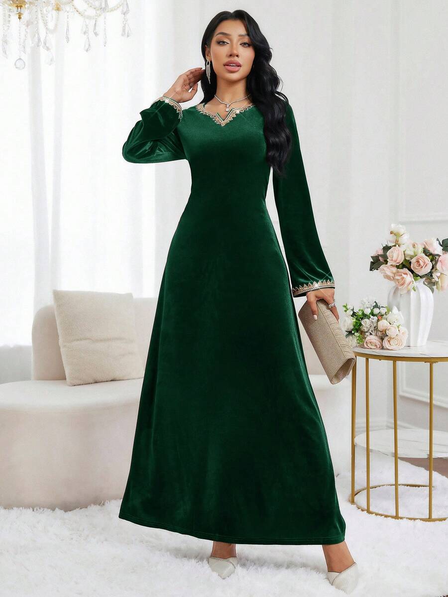 Al Najma 优雅丝绒长袖端庄连衣裙,阿拉伯风格,女士款 - 墨綠色 - 查看 1