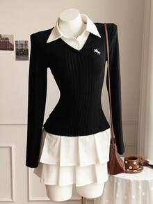 Comfortcana Đầm ngắn cổ bẻ thêu họa tiết hiệp sĩ dành cho nữ, tay dài, thường ngày - Xám - Xem 6