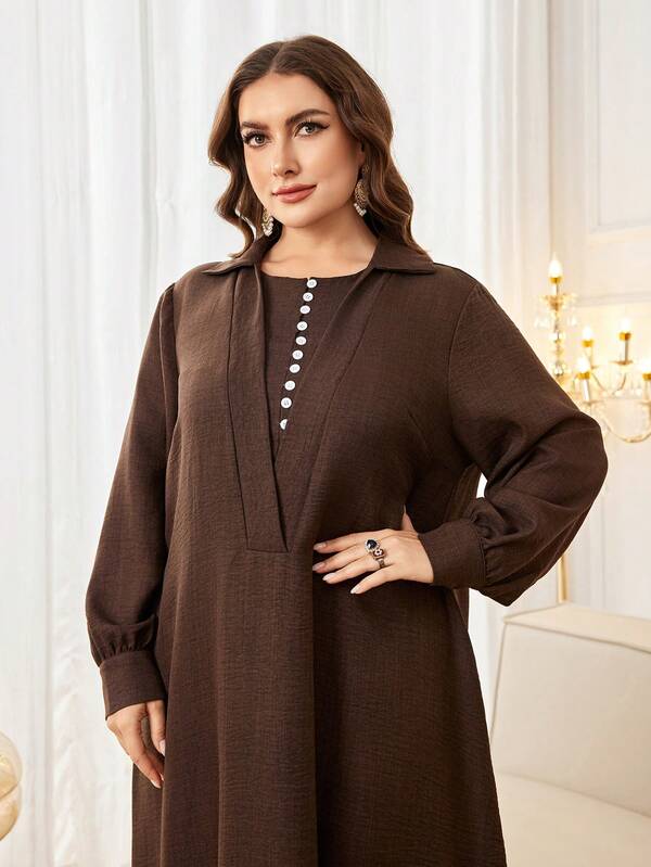 Al Najma Casual Solid Color Turndown Collar Long Sleeve Loose Regular Spring/Autumn Plus Size Women Arabian Dress
