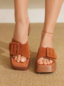 Styleloop Women's Wedge Heel Thick Sole Suede Buckle Strap Roman Style Retro Vacation Sandals - Brown - View 2