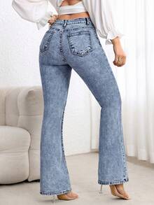 Flexra Jeans de campana de unicolor minimalista para mujer - Azul - Ver 2