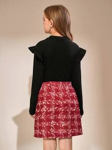 Tween Girls Casual Thick Fleece T-Shirt, Red Plaid Christmas All-Match Versatile T-Shirt Set, Autumn/Winter - Multicolor - View 2