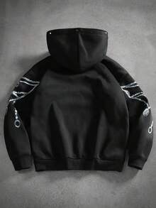 Manfinity EMRG Îmbrăcăminte casual pentru bărbați maturi, hanorac cu model japonez din fleece, hanorac cu fermoar negru, versatil, pentru purtare zilnică, streetwear, top cu mânecă lungă