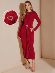 Amorya Vestido largo de mujer de cuello redondo, manga larga, con decoración de botones metálicos, adecuado para el uso diario y múltiples ocasiones, otoño - Rojo - Ver 1