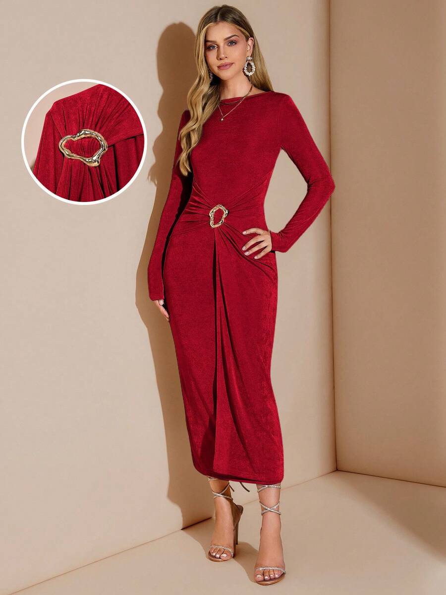 Amorya Vestido largo de mujer de cuello redondo, manga larga, con decoración de botones metálicos, adecuado para el uso diario y múltiples ocasiones, otoño - Rojo - Ver 1