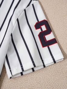 Popeye X SHEIN Tween Boy Casual Striped Cartoon & Letter Graphic V-Neck Short Sleeve T-Shirt, Summer Baseball Clothes Kids Boys Baseball Pajamas Kids Jerseys - Multicolor - View 5