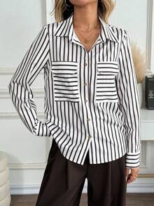 EMERY ROSE Camicetta casual a maniche lunghe e ampia con righe, versatile per l'uso quotidiano - Bianco - Visualizzare 4