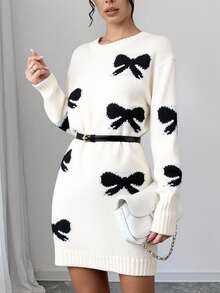 Teen Girls Autumn Black And White Y2k Sweet Back-To-School Jacquard Bow Knitted Dress, Round Neck Long Sleeve Elegant Casual Mini Knit Dress - White - View 6